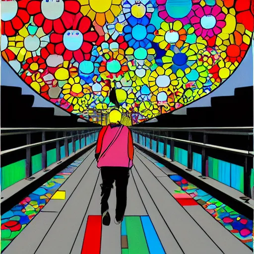 Image similar to man walking across bridge, bright colors, Takashi Murakami, Minimalist,