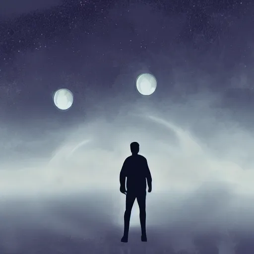 Prompt: silhouette of a man looking at an epic night sky with 3 moons and lots of stars, digital painting, concept art, cinematic