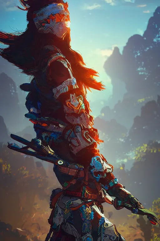 Image similar to combination suit armor aloy horizon forbidden west horizon zero dawn radiating a glowing aura global illumination ray tracing hdr fanart arstation by ian pesty and alena aenami artworks in 4 k tribal robot ninja mask helmet backpack