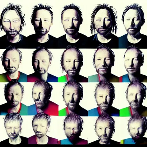 Image similar to versions collage, hyper realistic, many variations of thom yorke, very old, face variations, various emotions, various poses, high quality, brush stroke