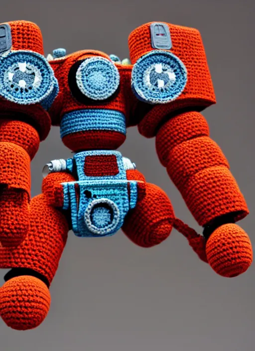 Image similar to a crochet mecha robot, very detailed, Sigma 30 mm f/1.4