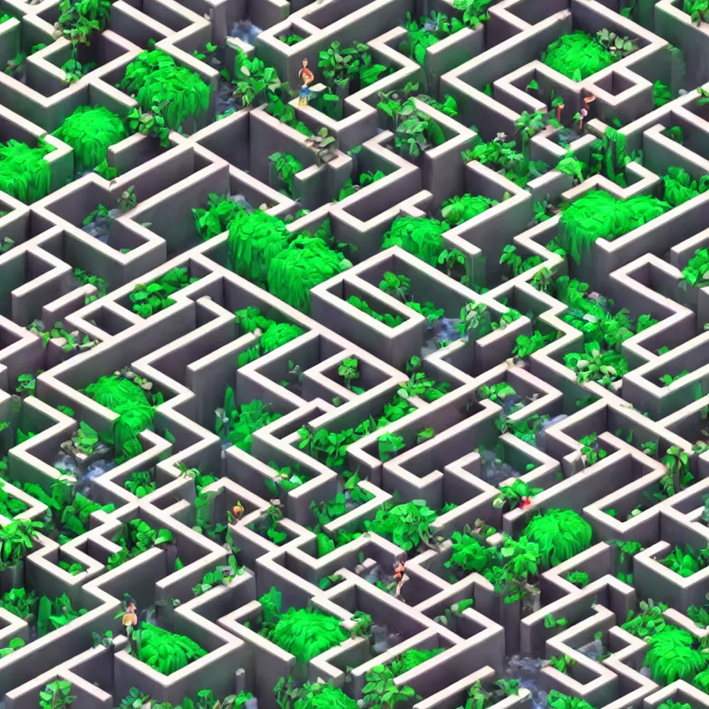 Image similar to wimmelbilder maze made of 80's arcade jungle waterfall level, isometric, white path, octane render, particle effects, unreal engine, very sharp, high contrast