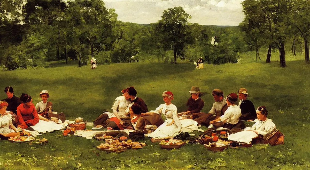 Prompt: the picnic, in Pennsylvania, 1850, painting by Winslow Homer, oil on canvas