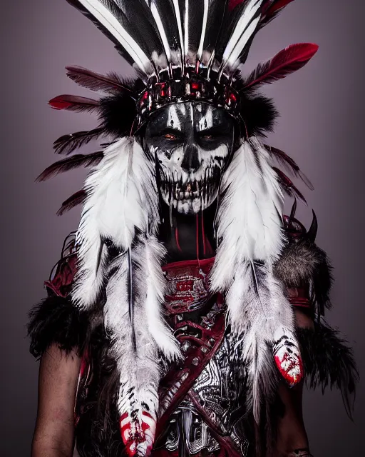 Image similar to the ghost - spirit of the grim - warpaint wears the scarlet skull armor and native blood headdress feathers, midnight fog - mist!, cinematic lighting, various refining methods, micro macro autofocus, ultra definition, award winning photo