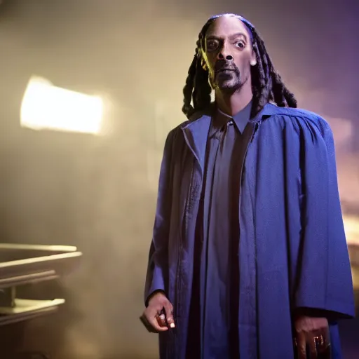 Image similar to snoop dogg as a man in a dark blue trenchcoat as the new doctor who, cinematic, volumetric lighting, f 8 aperture, cinematic eastman 5 3 8 4 film, photorealistic