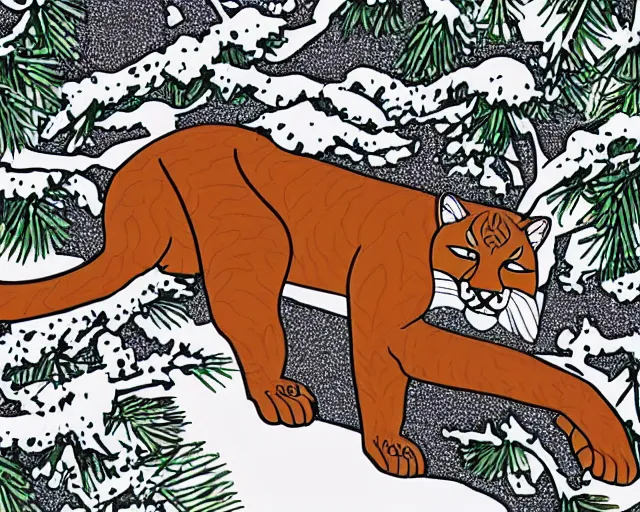 Image similar to colouring book showing 'a cougar sleeping in the middle of snowy pine tree' laying on coffee table, zoomed out shot, HD, iphone capture