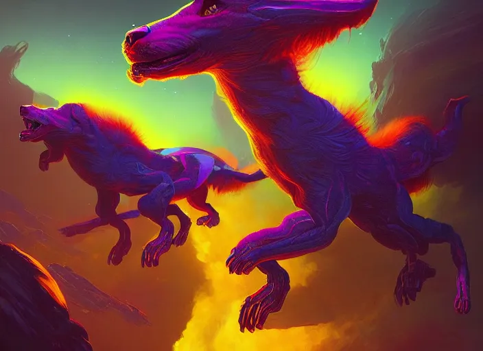 Prompt: A psychedelic tantalum cerberus , vibrant color scheme, highly detailed, in the style of romanticism, cinematic, artstation, Moebius, Greg rutkowski