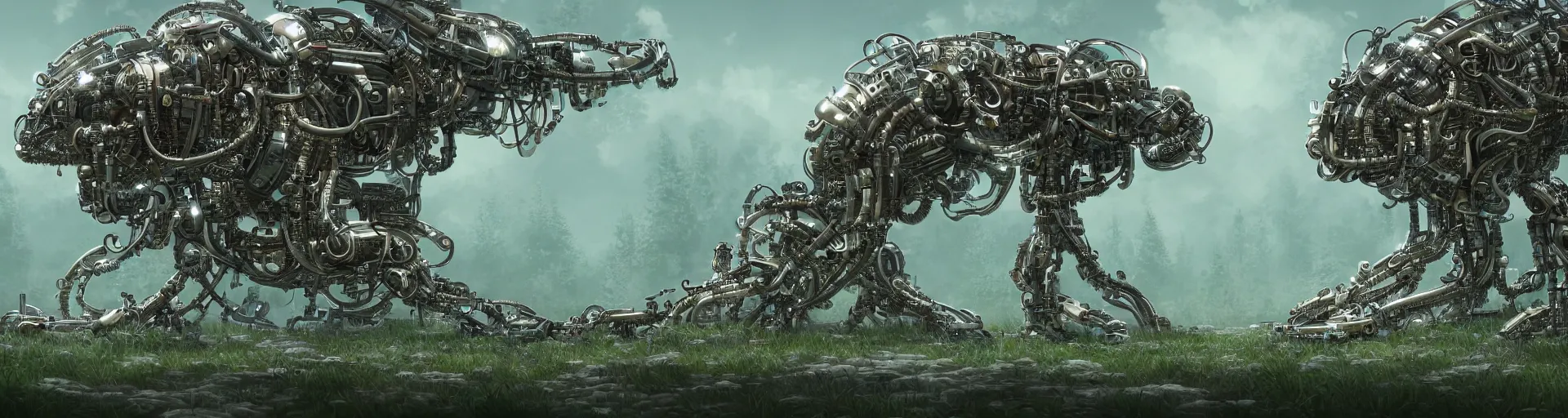 Image similar to Highly Detailed digital illustration about the beauty of nature in a biopunk world where all animals have been replaced by mechanical beasts. Trending on Artstation