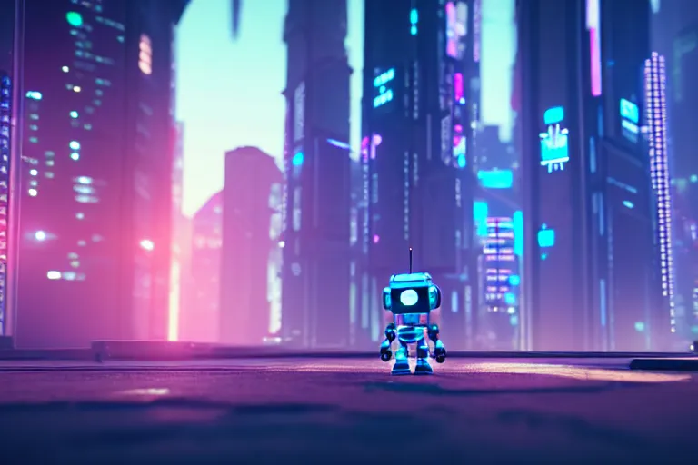 Image similar to a cute little robot in at cyberpunk city. super realistic 8 k render of a elegant, cinematic composition