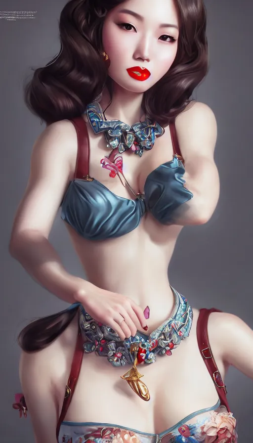 Image similar to a pin up and beautiful fashion and charming and dreamlke asian girl, lv jewelry, art by artgerm & jeehyung lee & wlop, hyperdetailed, 8 k realistic, symmetrical, frostbite 3 engine, cryengine, dof, trending on artstation, digital art