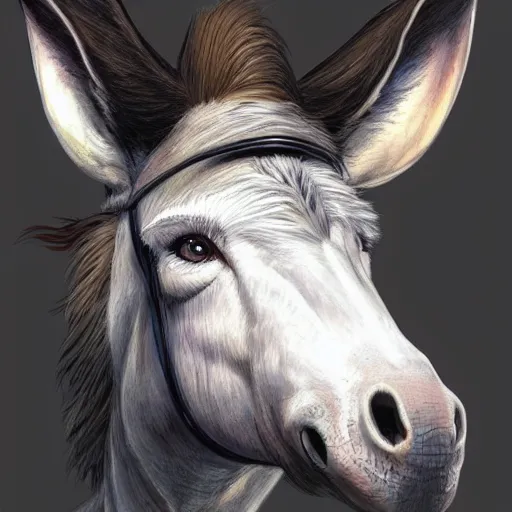 Prompt: 3/4 headshot of donkey, D&D, handsome, fantasy, intricate, long snout, donkey ears, fursona, black hair, elegant, highly detailed, digital painting, artstation, concept art, smooth, sharp focus, illustration, art by artgerm and greg rutkowski and alphonse mucha