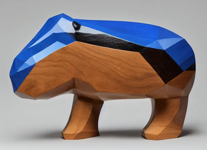 Image similar to a minimalist curvy shaped sculpture of hippopotamus!, ( ( wood ) ) and ( ( blue epoxy ) ) on top mix, cubic blocks stripes cuts, side view profile centered, studio, design, object, reddit