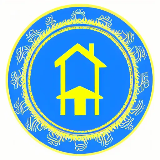 Prompt: pictorial logo, house, minimal design, blue and yellow color scheme