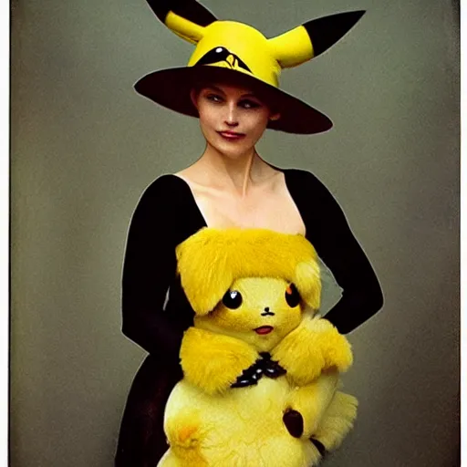 Image similar to elegant woman dressed up as pikachu, art photo by Annie Liebovitz and Alphonse Mucha