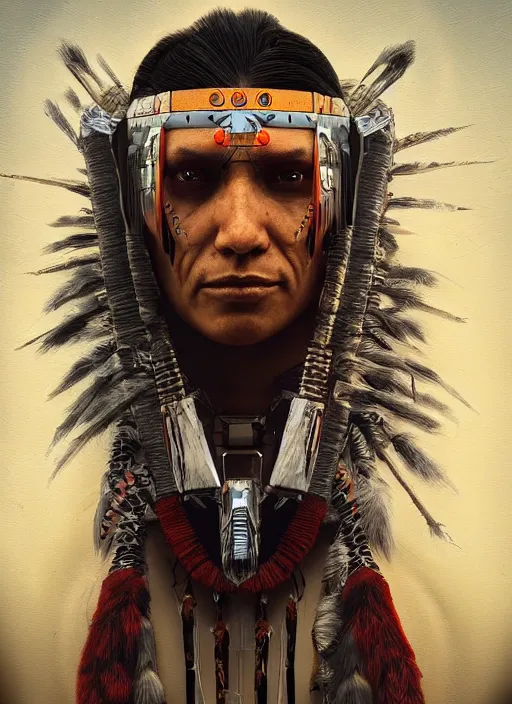 Prompt: cyberpunk native american grand chief cyborg, highly detailed, portrait, hard surface, digital painting, trending on artstation, top row on zbrushcentral, concept art, sharp focus, illustration, by edward s. curtis, by ian spriggs, by marco plouffe, by filippo ubertino