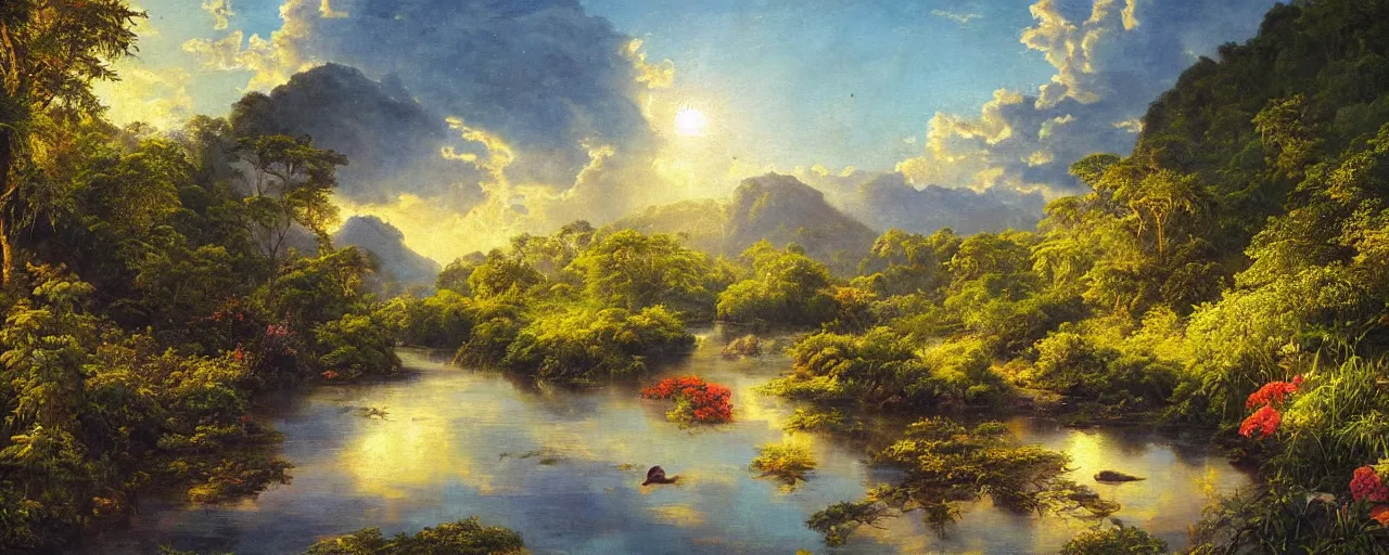 Prompt: River flows through a jungle in the mountains, golden hour, reflections, clouds, flowers, birds, classic painting, award winning, high detail