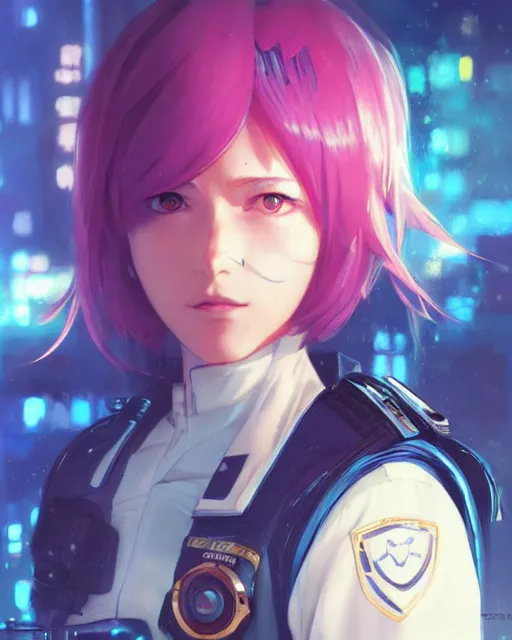 Image similar to anime key visual of a young female police officer, neon, cyberpunk, futuristic, stunning, highly detailed, digital painting, artstation, smooth, soft focus, illustration, art by artgerm and greg rutkowski and alphonse mucha