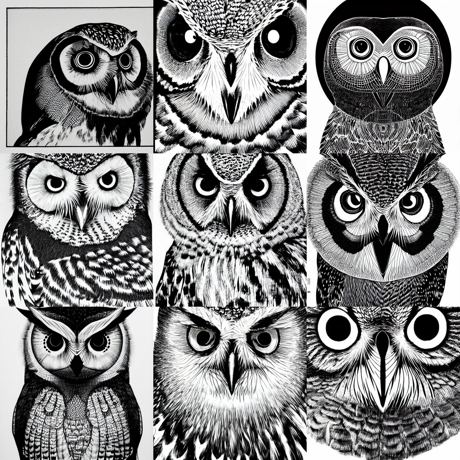 Prompt: black and white illustration head of a owl, super detailed, by asano inio, high contrast