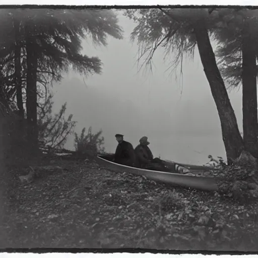 Prompt: hunter sitting in a canoe on the river, deep in the wilderness early in the misty morning in later winter or early spring, boreal forest, 19th century