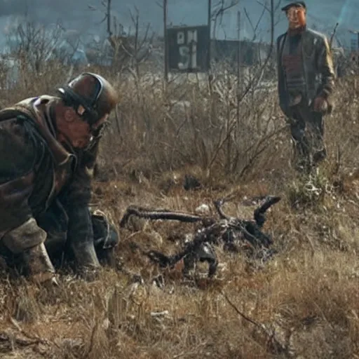 Prompt: fallout 4 movie still, a raider crying over roadkill,