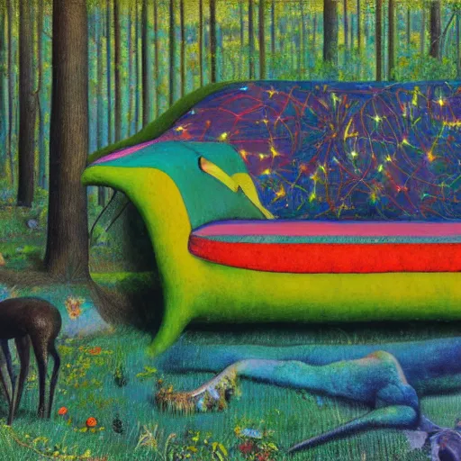 Prompt: psychedelic couch sofa in the lush pine forest, milky way, moose antlers, designed by arnold bocklin, jules bastien - lepage, tarsila do amaral, wayne barlowe and gustave baumann, cheval michael, trending on artstation, star, sharp focus, colorful refracted sparkles and lines, soft light, 8 k 4 k