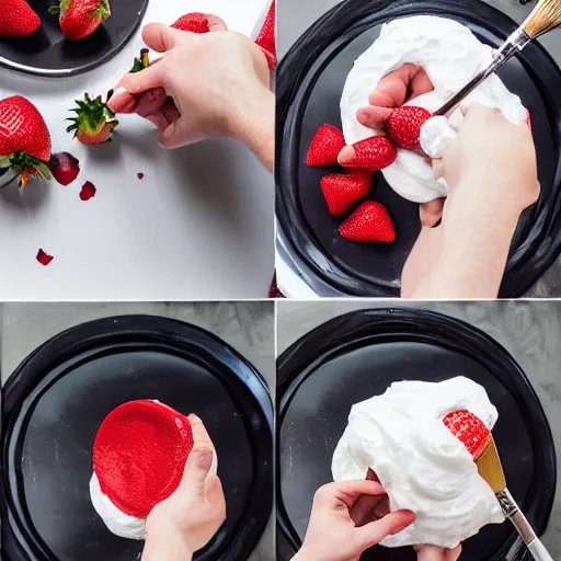 Image similar to painting of redhead bearded boyfriend making strawberry shortcake topped with whipped cream