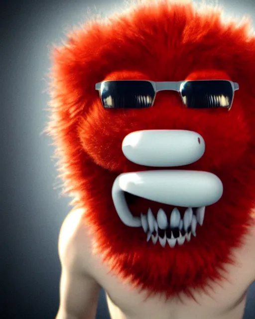 Prompt: 3 d render of completely red hairy friendly antropomorphic creature wearing chrome shades, no nose, shy grin with square teeth, full body, standing on 2 feet, in the style of pixar, white background, unreal engine 5, octane render, highly detailed hdr