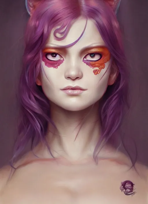 Image similar to a detailed facial portrait of a female nekomata with purple hair and orange eyes, a beautiful face, mutation, by tom bagshaw, by artgerm, by wlop, by dorian cleavenger, trending on artstation