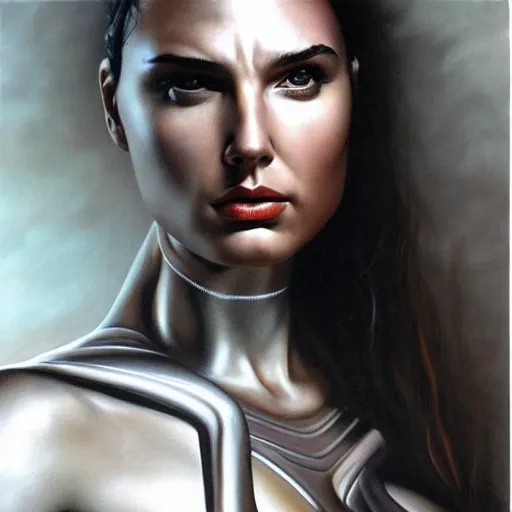 Image similar to a striking hyper real painting of Gal Gadot by H.R. Giger.