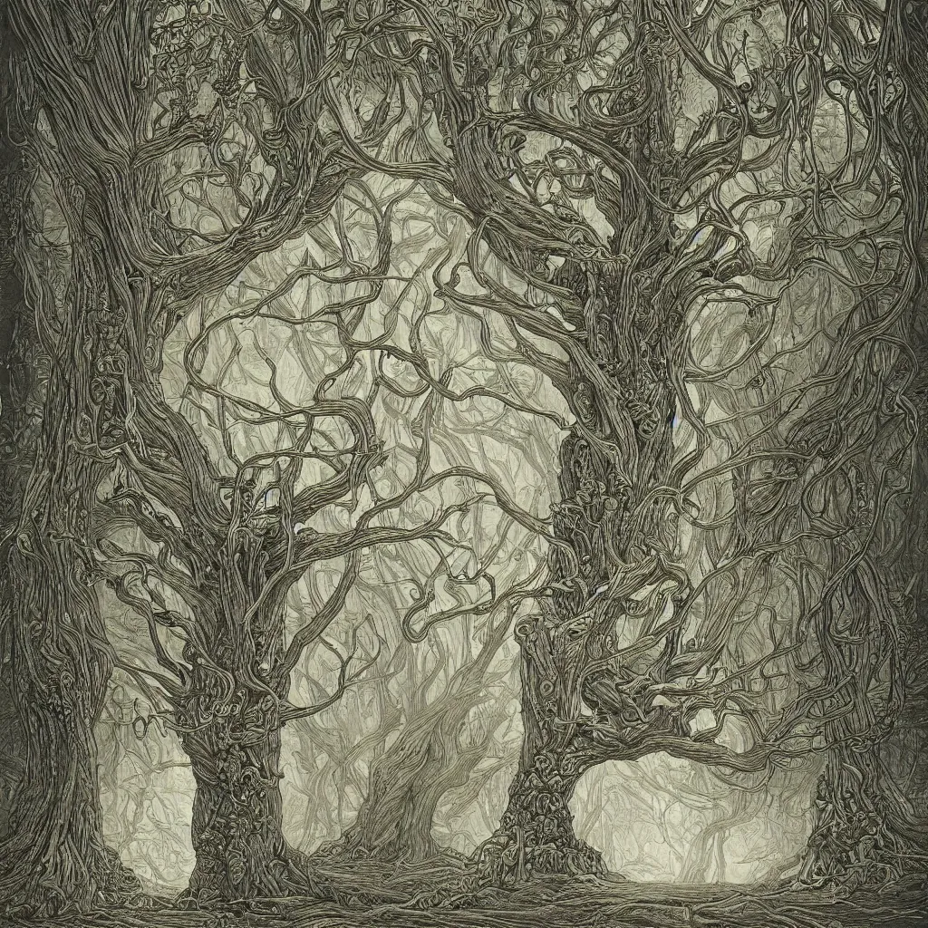 Image similar to tree of life, yggdrasil, moody lighting, by moebius, by laurie lipton