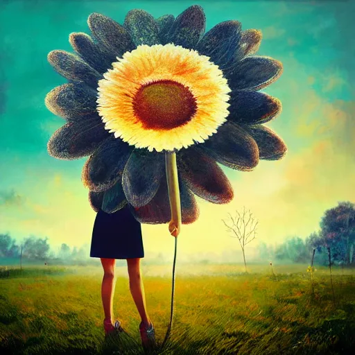 Image similar to giant daisy flower head, frontal, girl in a suit, surreal photography, sunrise, dramatic light, impressionist painting, digital painting, artstation, simon stalenhag