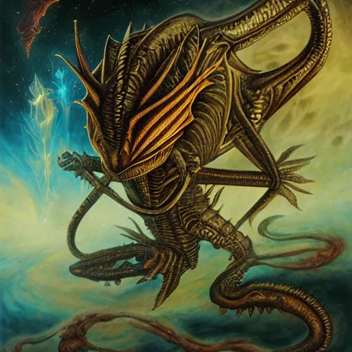 Prompt: alien space dragon by dan seagrave art