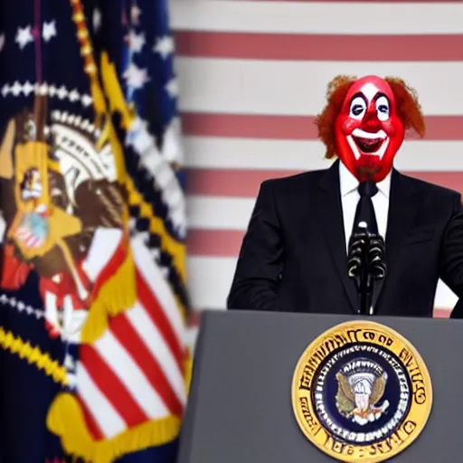 Image similar to president clown giving a speech in television