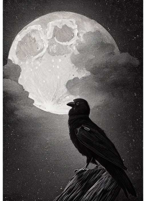 Image similar to portrait, A crow in front of the full big moon, book cover, red white and black colors, establishing shot, extremly high detail, foto realistic, cinematic lighting, pen and ink, intricate line drawings, by Yoshitaka Amano, Ruan Jia, Kentaro Miura, Artgerm, post processed, concept art, artstation, matte painting, style by eddie mendoza, raphael lacoste, alex ross