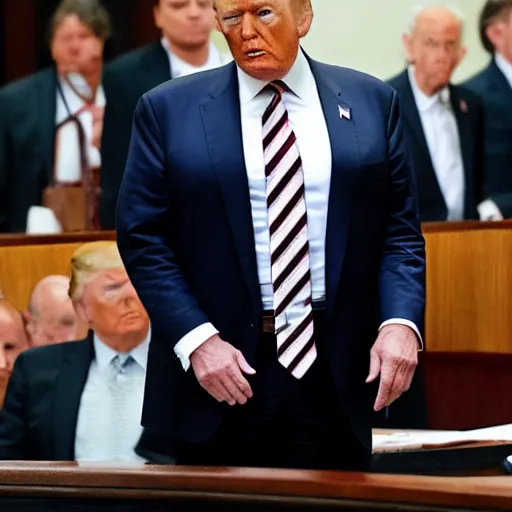 Prompt: Donald Trump on trial for treason looking tired as hell