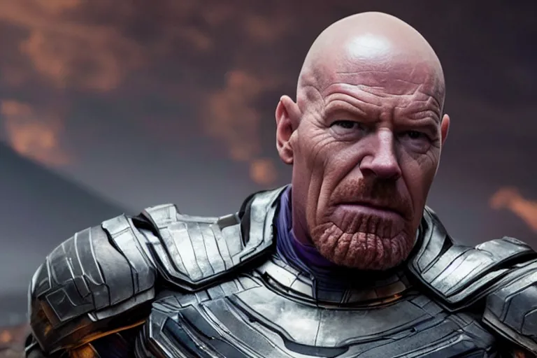 Image similar to promotional image of bald Bryan Cranston as Thanos in Avengers: Endgame (2019), dynamic action shot, movie still frame, promotional image, imax 70 mm footage