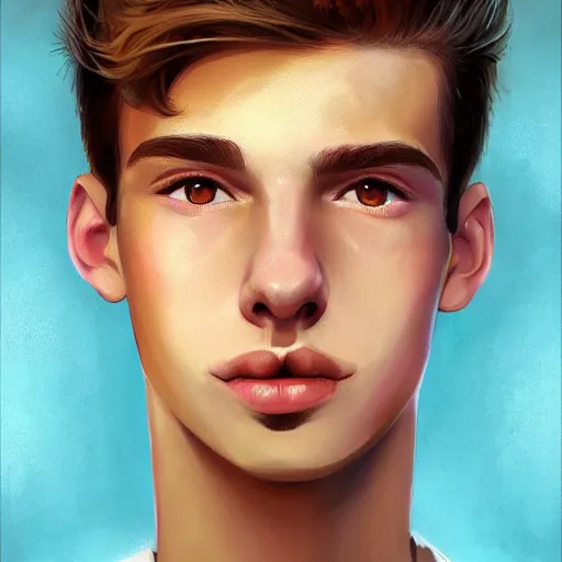 Image similar to colorful Captivating teenage boy with brown blond short quiff hair and thin slightly round facial structure with cleft chin, near eyes, beard, bumpy nose, good definition of cheekbones, Alert brown eyes, narrow face, slim body, atmospheric lighting, painted, intricate, 4k, highly detailed by Charlie Bowater