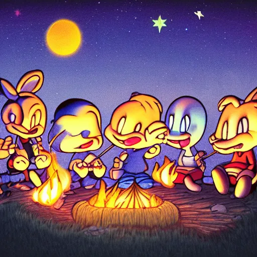 Prompt: tiny toons in real life sitting around a campfire telling stories, photographic, 3D, UE5, photorealistic, ultrarealistic, hyper realistic, drum scanner, dark vignette, burning embers, nostalgic, muted colors, slightly drunk, candy rush, autochrome, tranquil, starry night, 4K, 8K, HQ