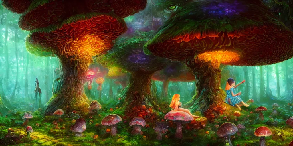 Image similar to ”young girl sitting by a mushroom and playing a flute, giant mushroom houses in a mysterious fantasy forest, [bioluminescense, rope bridges, art by wlop and paul lehr, cinematic, colorful]”