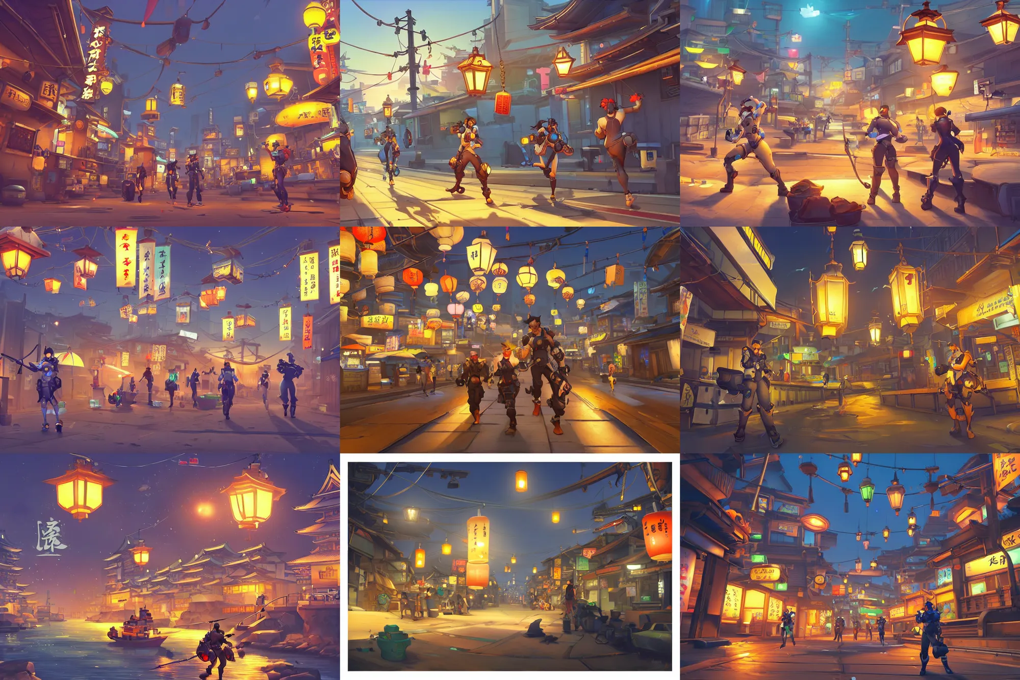 Prompt: style : overwatch. composition : long shot. key words : digital art ; detailed ; 4 k. scenery : a busy japanese harbor. subject : fishermen are wandering around. details : at night ; lanterns in the streets.