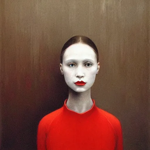 Image similar to portrait of pale white young girl in old red dress with black dark short hairs by Beksinski