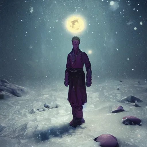 Image similar to an astral man on a snowy biome at night, starry, fantasy, hyper realism, behance, artstation, unreal engine 5, octane, deviantart