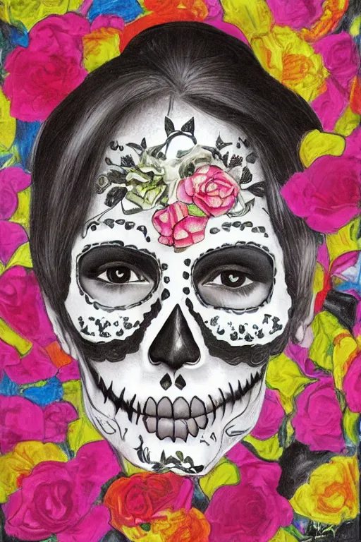 Prompt: illustration of a sugar skull day of the dead girl, art by gerhard richter