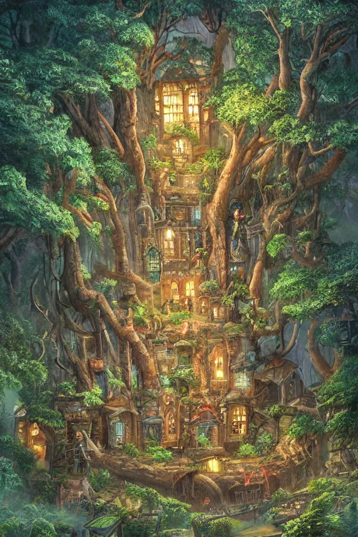 Image similar to a miniature city built into the trunk of a single colossal tree in the forest, with tiny people, in the style of ralph horsley, lit windows, close - up, low angle, wide angle, awe - inspiring, highly detailed digital art