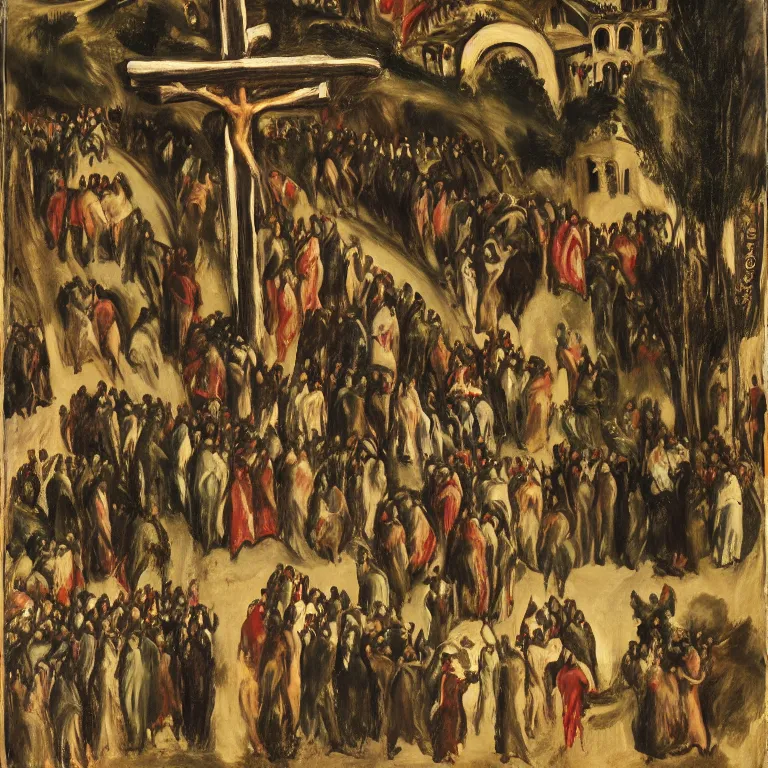 Image similar to A Holy Week procession in a lush Spanish village at night. A person at the front holds a cross. El Greco.