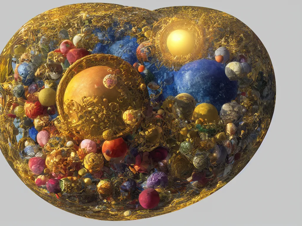 Image similar to 3 d render, sunlight study, the universe is a spheroid region 7 0 5 meters in diameter, art nouveau, by cornelis de heem and ( ( ( ( ( lisa frank ) ) ) ) ), 8 k, sharp focus, octane render