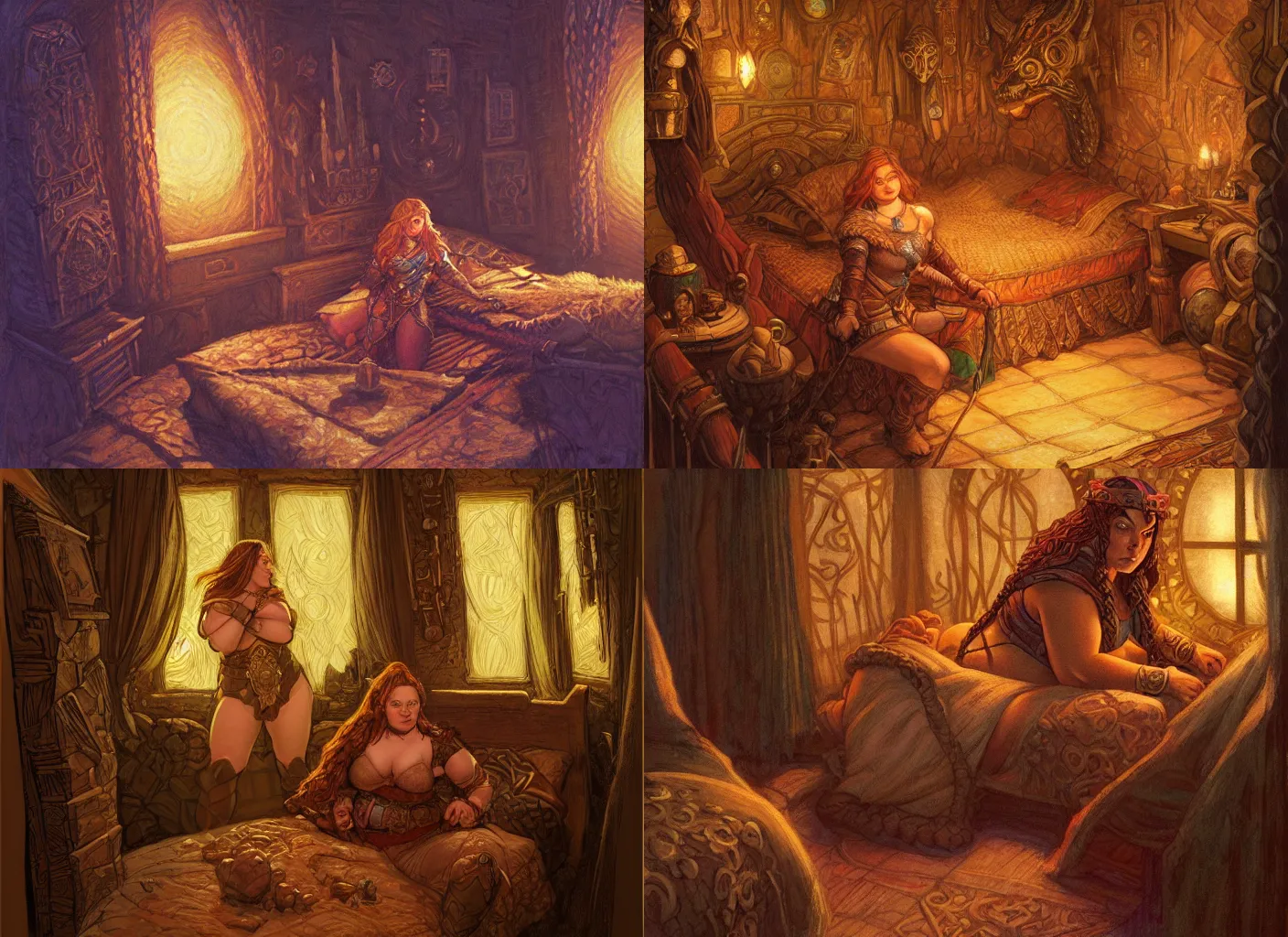 Prompt: female dwarven woman in her bedroom at night, cozy pleasant atmsophere, art by jack kirby crosby, donato giancola, intricate background, braided hair, chubby plump figure, soft lighting, beautiful, soft pillows, sharp focus, high detail, masterpiece, artstation, dnd dragon age