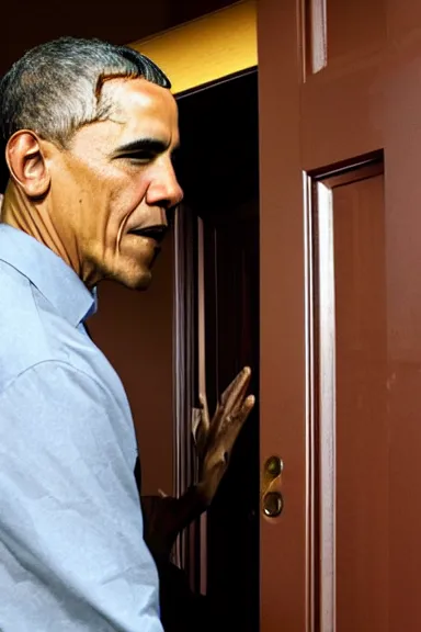 Image similar to a close up photo of obama aggressively opening a door