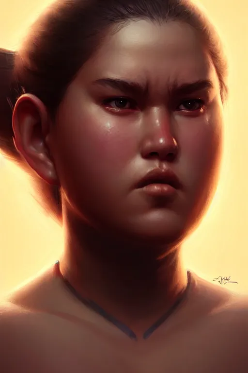 Image similar to portrait of a beautiful chonky young female warrior in the middle of a fight as drawn by eric anthony johnson ericanthonyj artstation artgerm greg rutkowski and magali villeneuve 8 k subsurface scattering, soft light