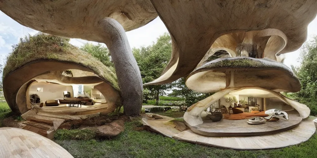 Prompt: cozy residence made from an enormous amantia mushroom